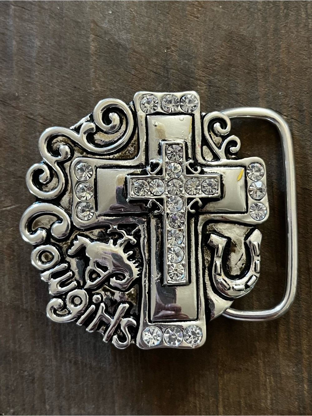 Rhinestone Cowgirl Silver Cross Belt Buckle for Women - Western Rodeo Horses